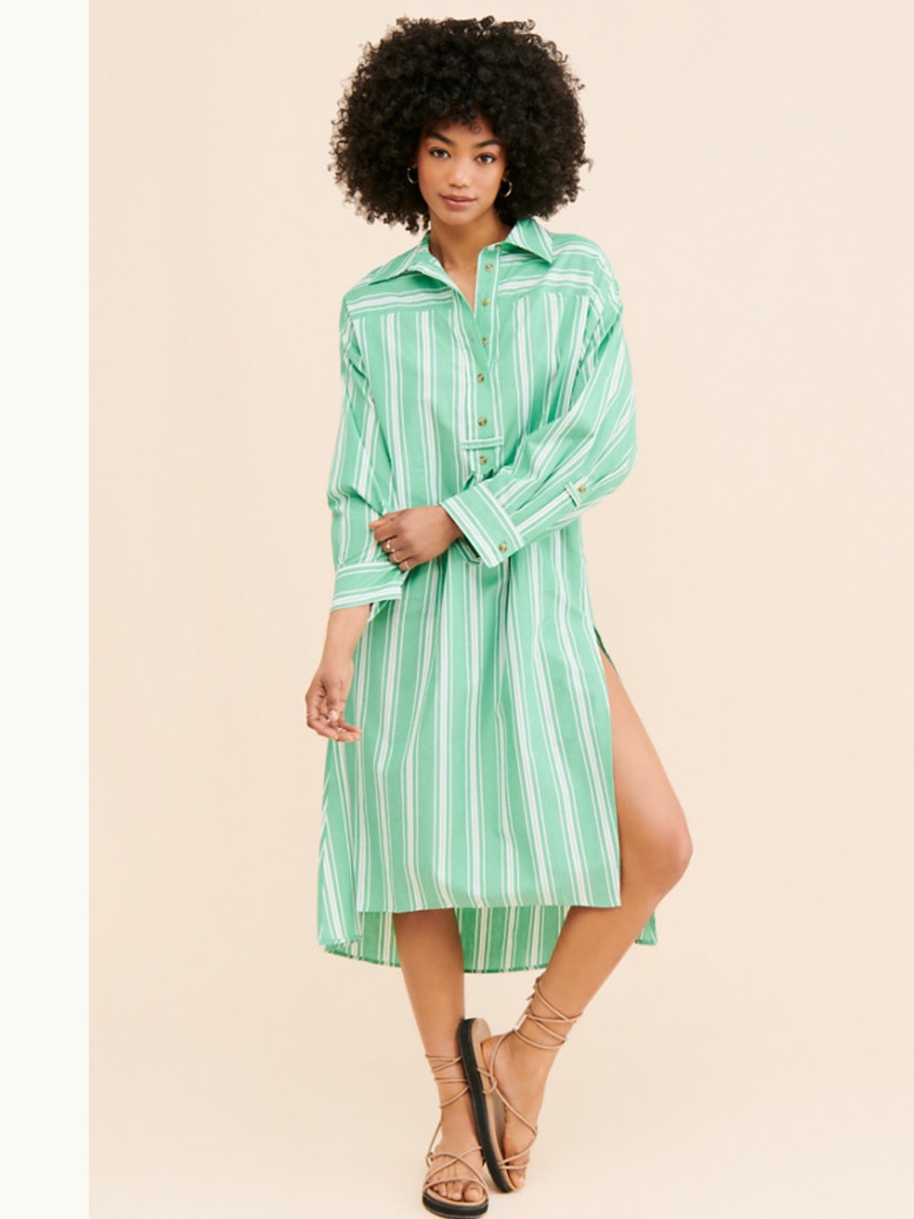 Anthropologie Green Striped Midi Shirt Dress
